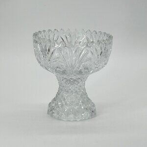 Vintage Footed Clear Cut Glass Bowl With Sawtooth Rim 5" Tall Heavy Decorative P
